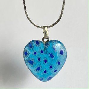 Aqua Blue Murano Art Glass Heart Necklace 18" Millefiori Flowers Silver Plated